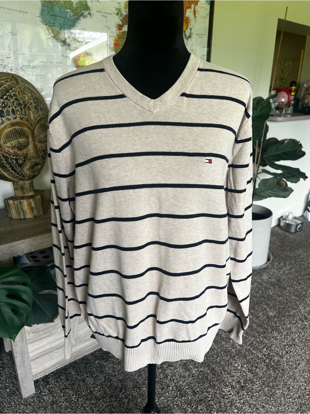 Tommy Hilfiger Beige V-Neck Sweater with Navy Stripes